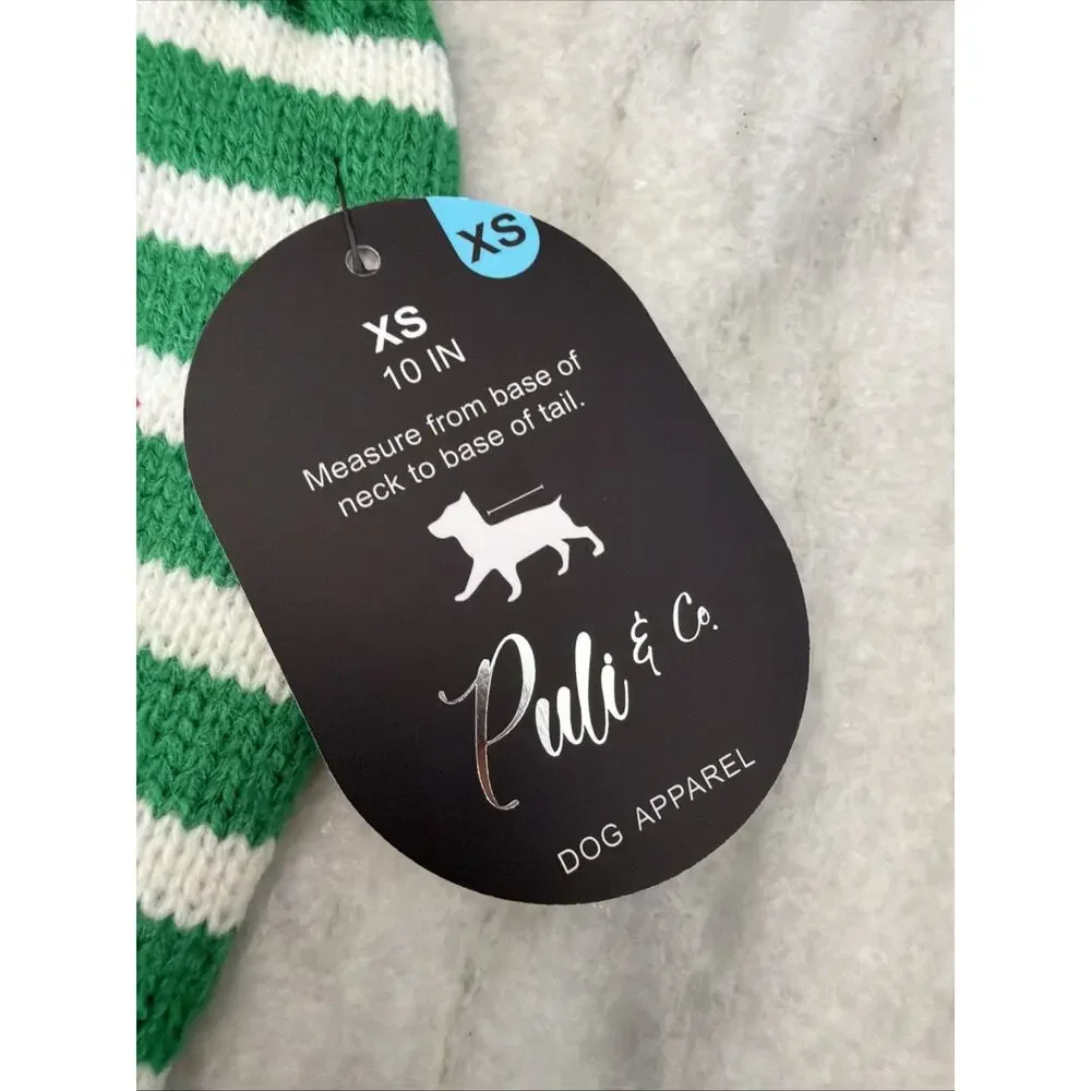 Puli & Co. Knitted Green/White Striped Santa Face Dog Sweater ~ XS~ NWT